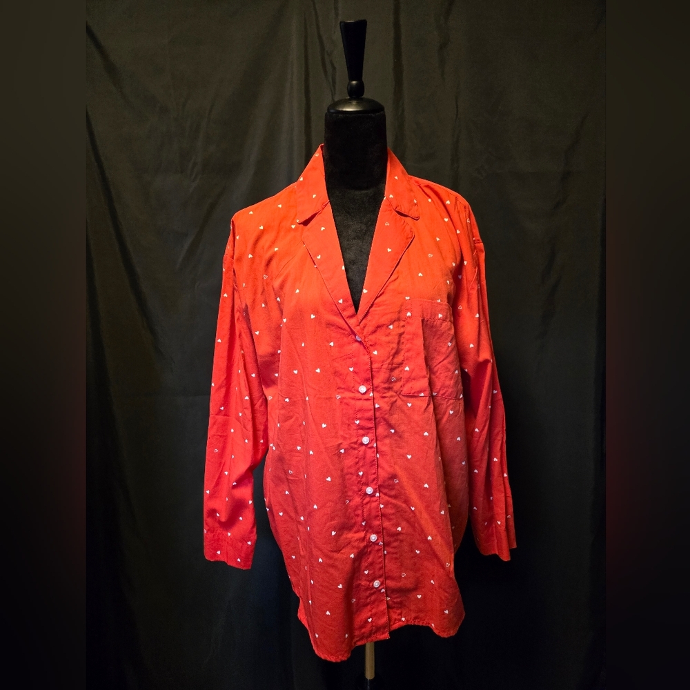 Red Button-Up Pajama Shirt with White Hearts